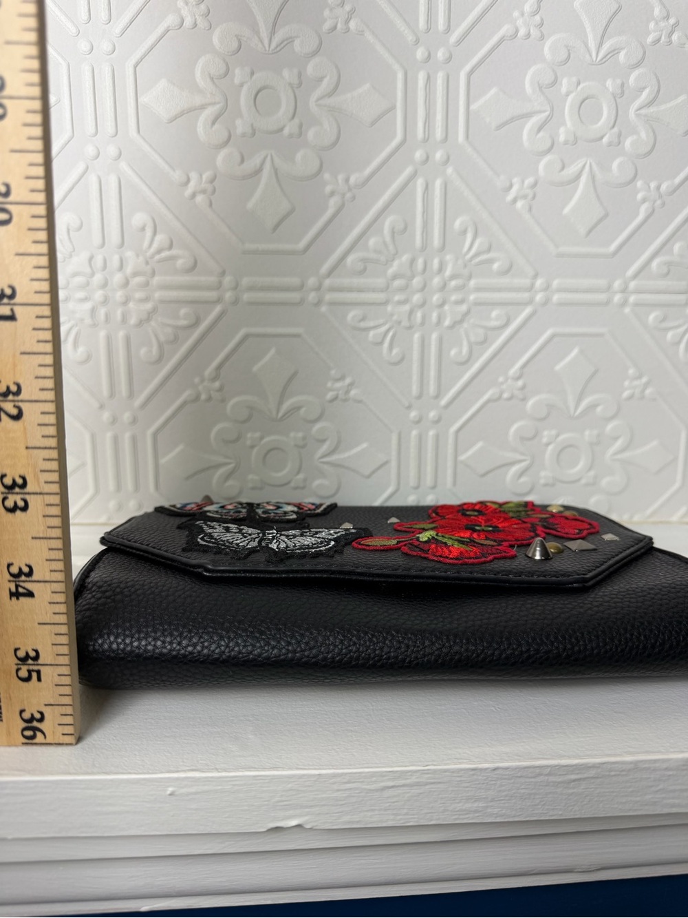 Black Embroidered Butterfly Floral Studded Wallet Wristlet Whimsigoth Y2K Clutch - Picture 10 of 10
